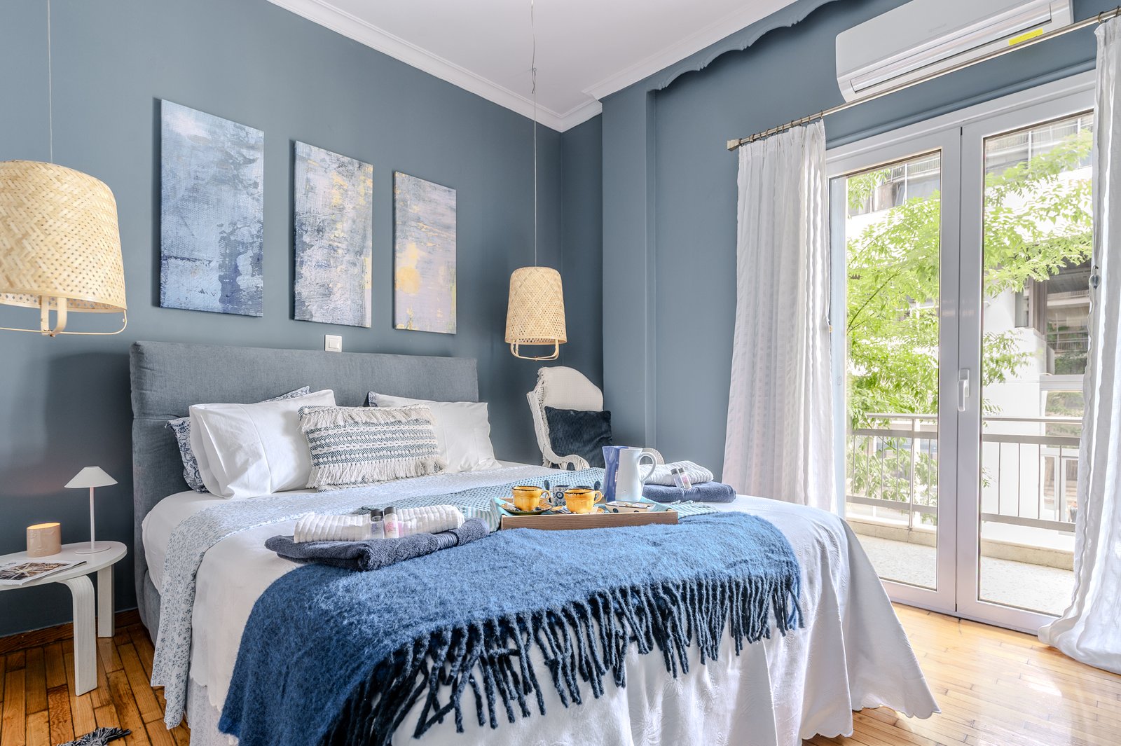 Cozy bedroom with blue accents